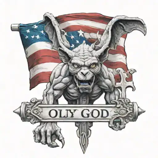 Gargoyle On A Cross On Upper Arm With An American Flag With The Word Only God Can Judge Now
