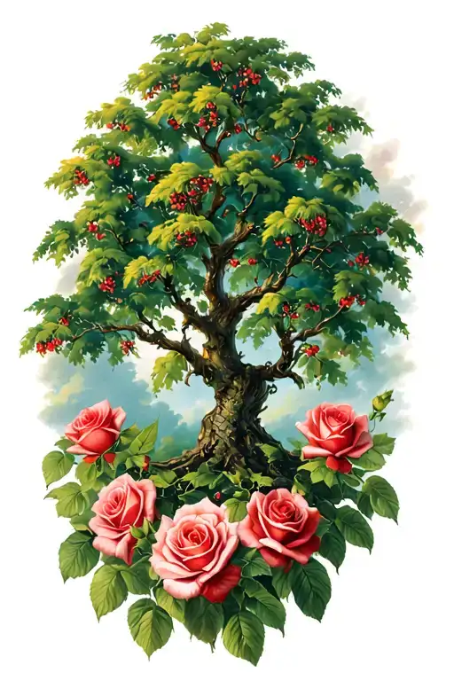 Rowan Tree With Roses Blooming Below