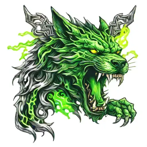 Hacker Logo Combined With Wolf And Dragon Breathing Green Fire