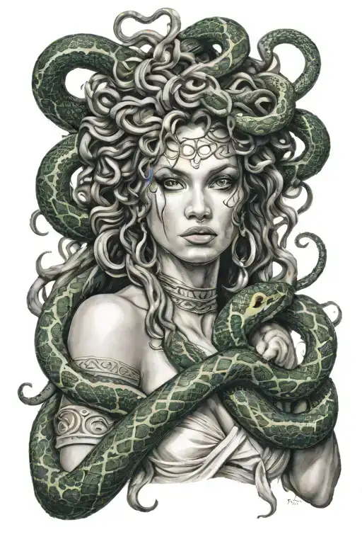 A Realistic Portrait Of Medusa With A Snake Wrapped Around Her Arm