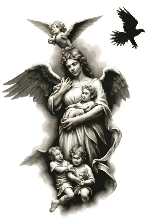 Guardian Angel Looking Over Family Holding Hands
