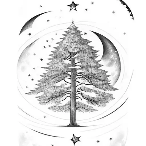 Big Tree In The Night Sky With A Moon And Shaped Stars