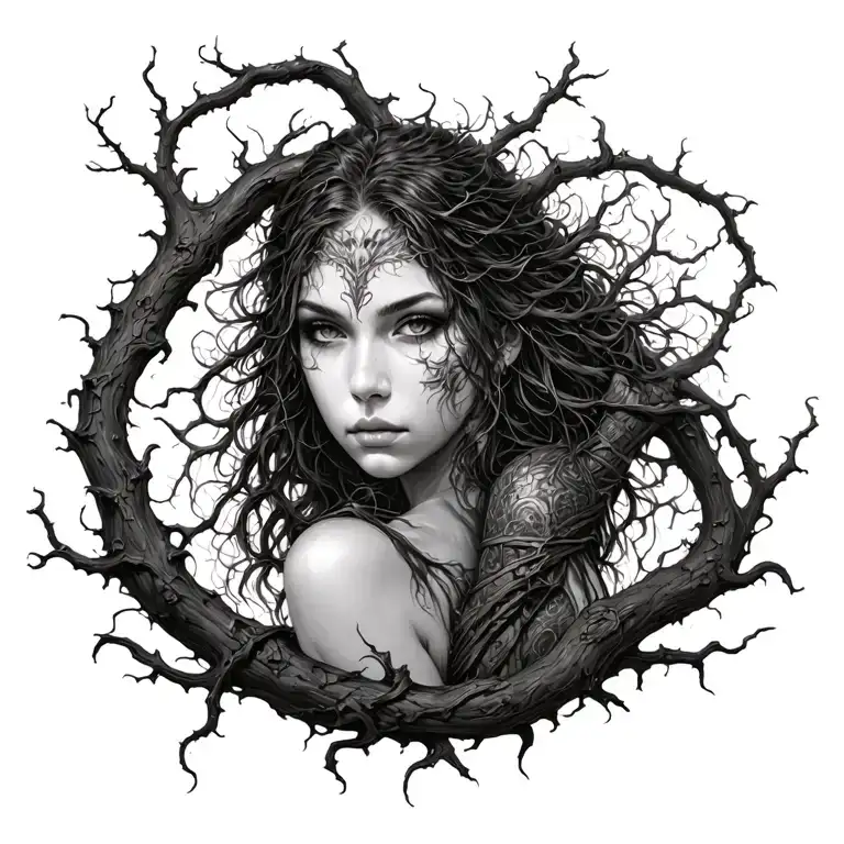 Long Tree Vines Wrapped Loosely Around Sensual Woman Warrior
