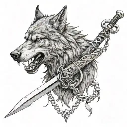 Whole Fenrir Wolf Chained With A Ribbon With A Sword Stuck In Its Jaw