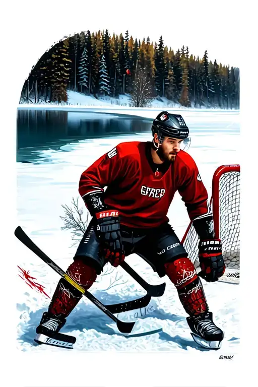 Frozen Lake In The Forest With A Hockey Goal And A Player