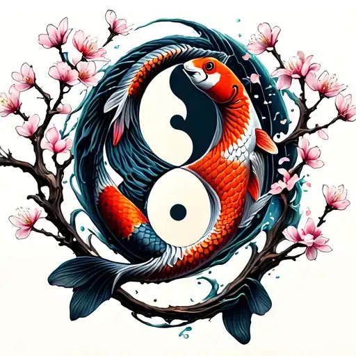 Yin And Yang Koi Fish With Cherry Blossom Branches Going Through It Separate The Koi Fish Though