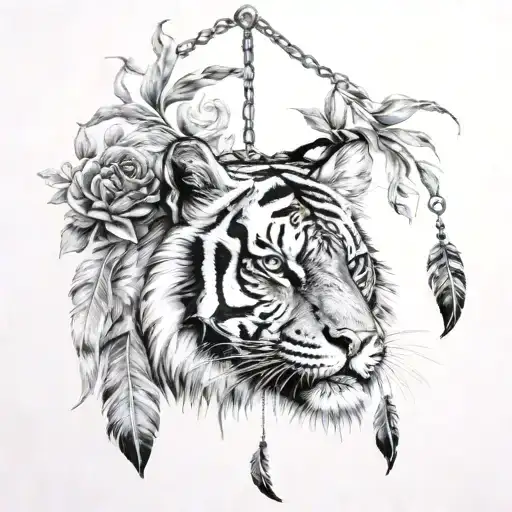 Tiger With Feathers Hanging From It