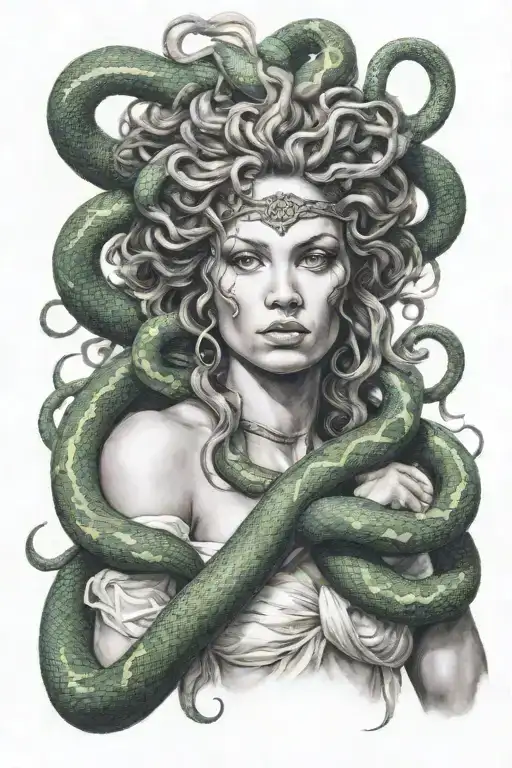 A Realistic Portrait Of Medusa With A Snake Wrapped Around Her Arm Cover Up