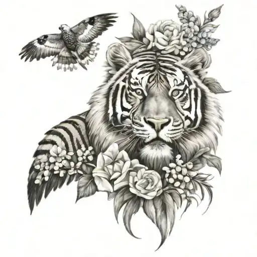 Tiger Eagle And Flowers