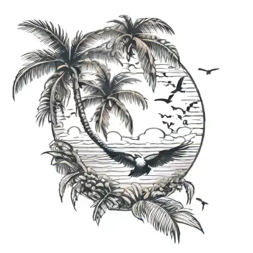 Palm Tree With Birds Flying Towards