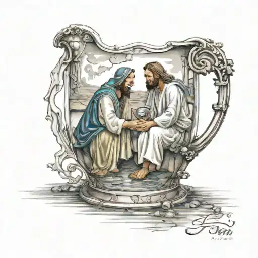 Jesus And The Samaritan Woman By The Well On The Surface Of A Vase Full Of Water