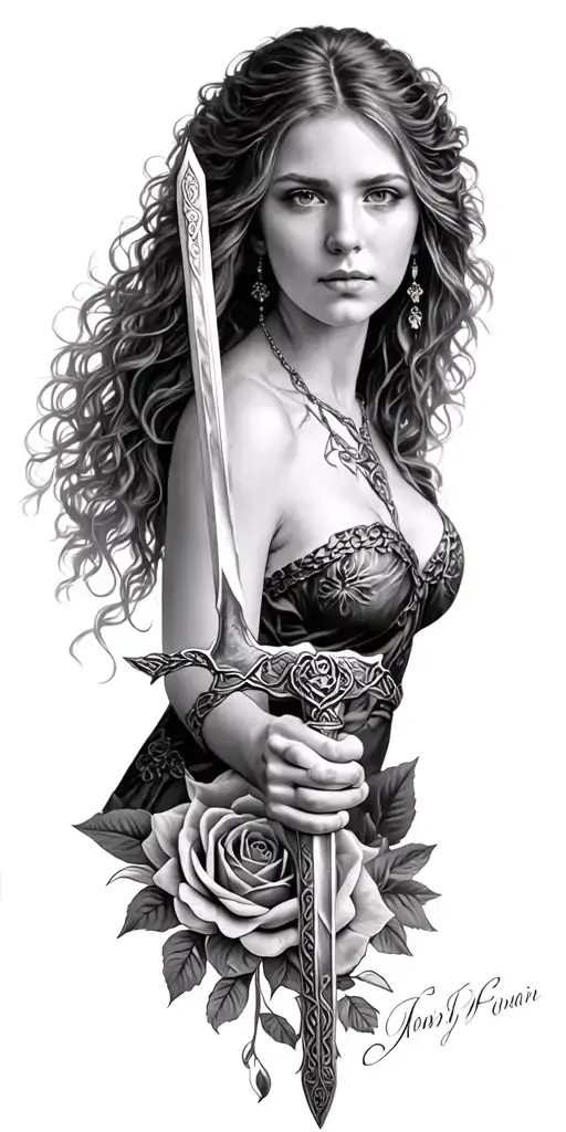 Celtic Woman Posing Holding A Sword And The Woman Is Surrounded In A Circle Of Roses