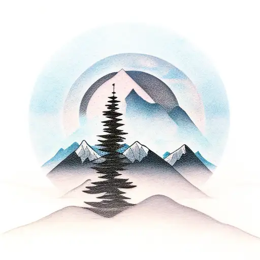 A Serene Landscape Of A Mountain Range With A Full Moon Rising Behind It