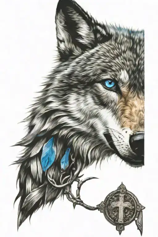 Cross With A Wolf Face With Blue Eyes