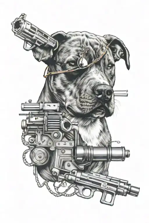 A Tattoo Gun Morphing Into A Pitbull's Head With Musical Elements