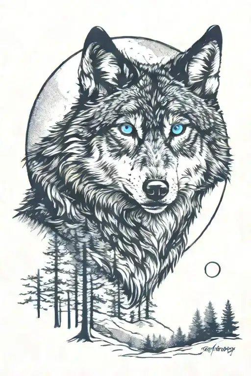 Black Wolf With Blue White Eyes In A Forest With A White Moon