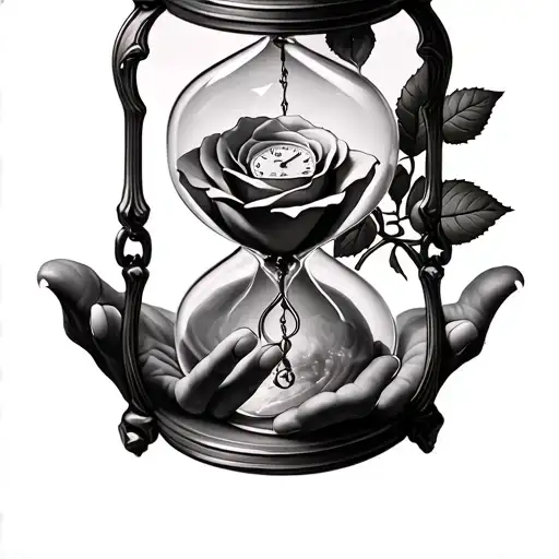 A Hourglass With A Watch Inside The Hands And A Rose