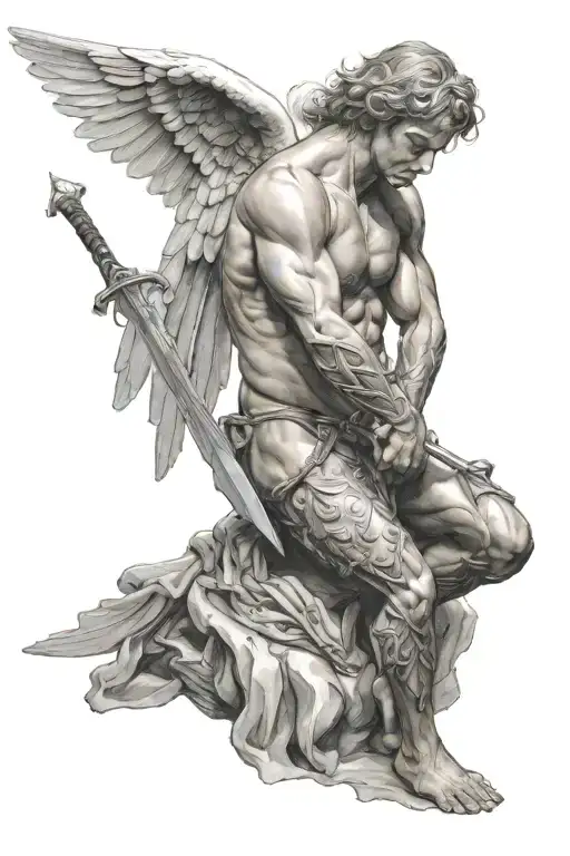 Shirtless Male Angel Kneeling By Sword