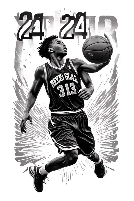 Black And Whitw Tatoo Number 24 With Basketball And The Word Never Give Up