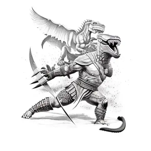 A Gladiator Fighting A Dinosaur In An Epic Battle