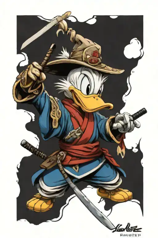 Samurai Donald Duck Holding A Broken Skull