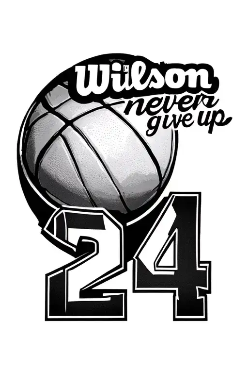 Black And Whitw Tatoo Number 24 With Wilson Basketball And The Word Never Give Up