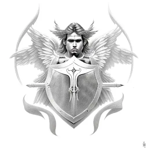 Black And White Tattoo Of A Male Guardian Angel With A Sword And A Shield