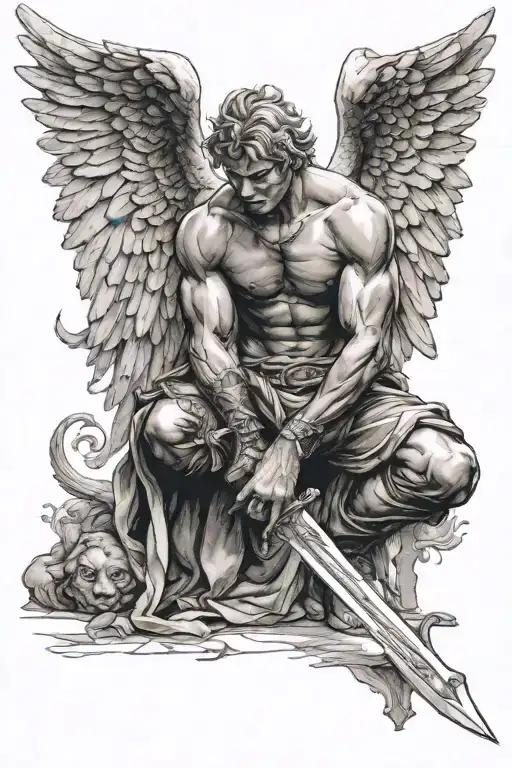 Shirtless Male Angel Kneeling Keanung On Sword