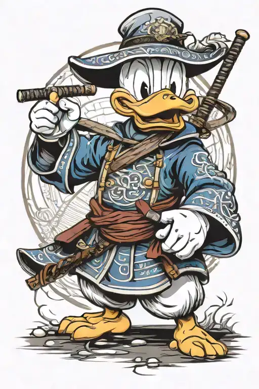 A Realistic Portrait Of Donald Duck Dressed As A Samurai Holding A Bow