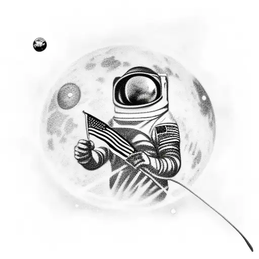 Astronaut Standing On Moon Holding Flag Stabbed On Moon Surface