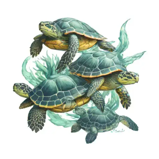 3 Baby Turtles Swiming In The Ocean