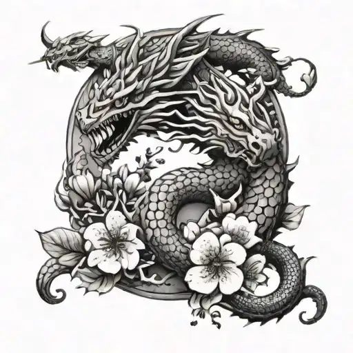 A Fierce Dragon Intertwining With Cherry Blossom Flowers