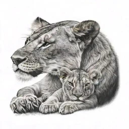 Lioness And Lion Cub Resting