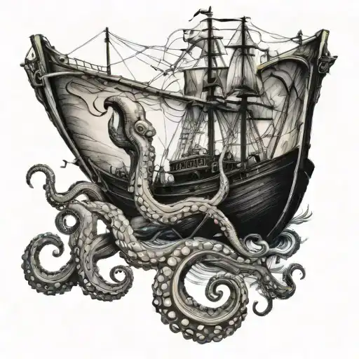A Big Octopus And A Boat In The Sea