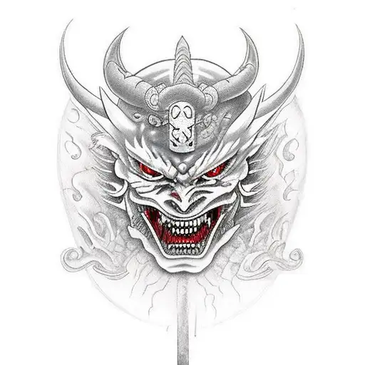 Katana With Half Oni Demon Mask Behind It