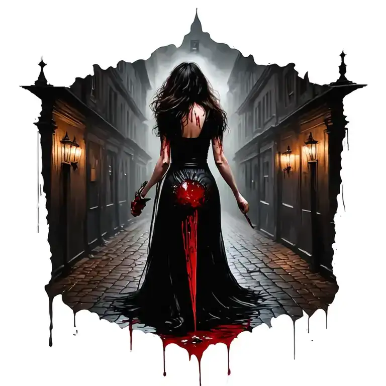 Woman Bloody Knife Jack The Ripper Walking Away