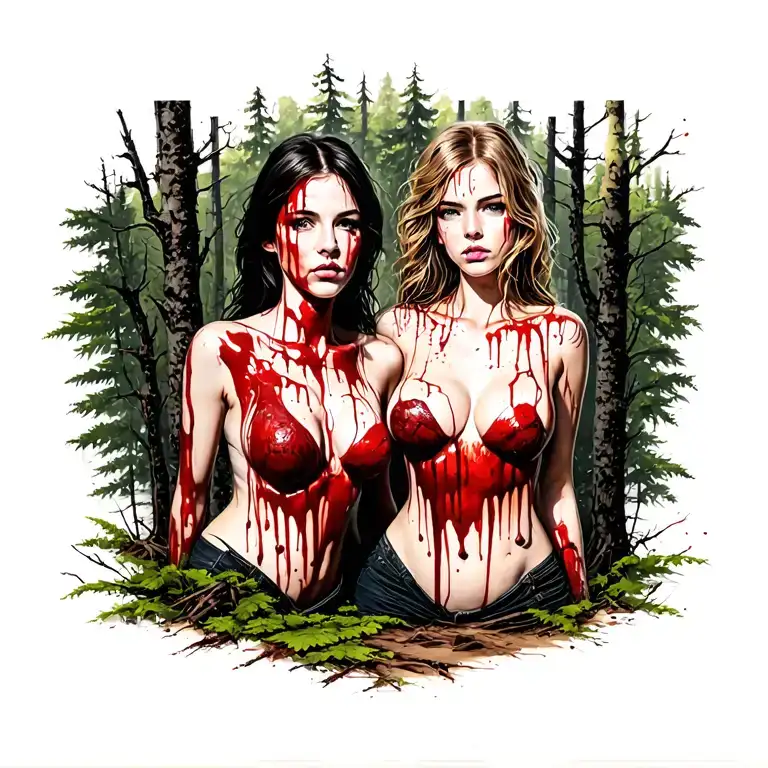 Sexy Bloody Two Women Big Background In The Forrest