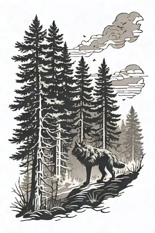 Silhouettes Of People Walking Through The Forest Into The Distance Above Them The Head Of A Wolf