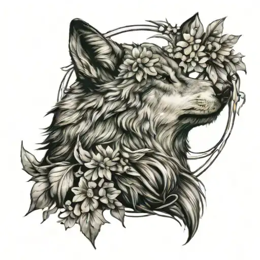 A Wolf Howling At The Moon Surrounded By A Wreath Of Flowers