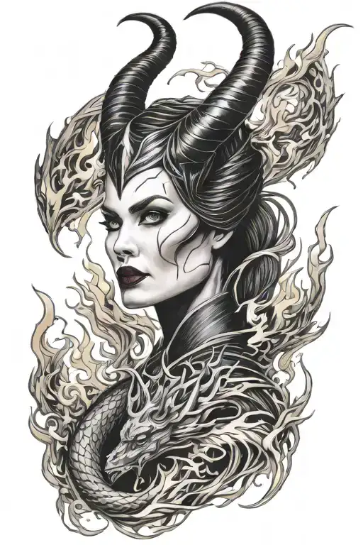Maleficent's Face Emerging Within The Flames Of The Dragon