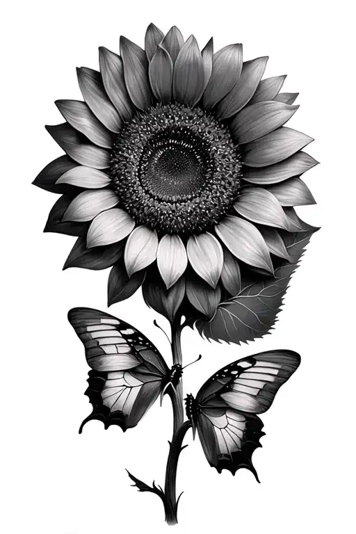 Sunflower With Butterfly Black And Grey