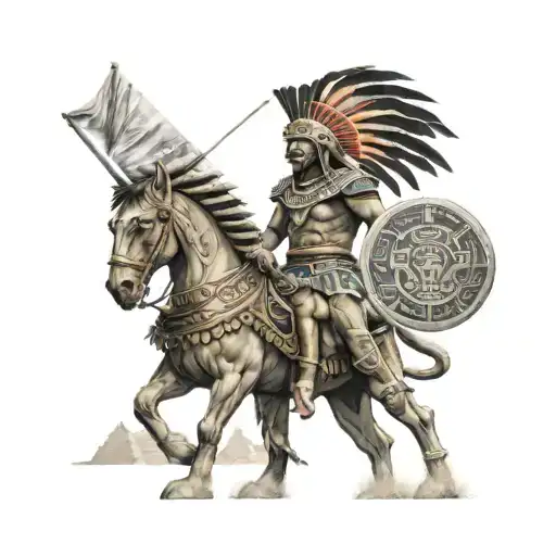 Standing Realistic Aztec Warrior Next To Pyramids And Temples And He's Holding A Mexican Flag