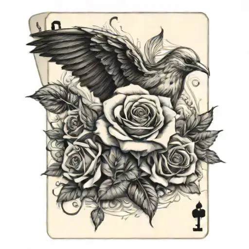 Roses Playing Cards With A Wing Attached And Some Birds