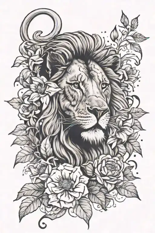 Lion Statue With Morning Glory And Aster Flowers Around The Bottom