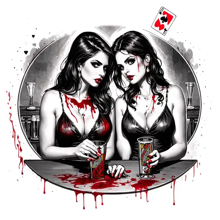 Sexy Bloody Two Women With Playing Cards Playing In A Bar