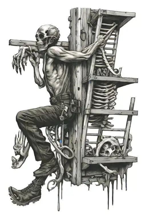 Man Climbing A Ladder Made Of Knives And Skeleton Hand