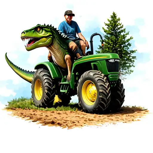 Tranosaurus Rex Riding A John Deer Tractor