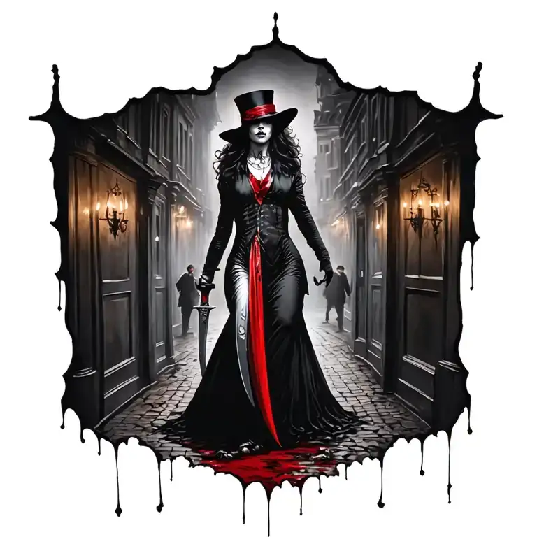 Woman With Knife And Jack The Ripper People In Background