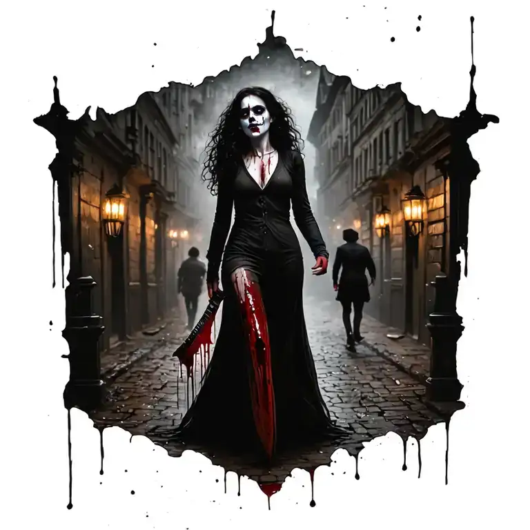 Detailed Face Woman Bloody Knife Full Body People Jack The Ripper Walking Away