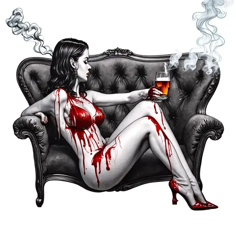Sexy Bloody Woman Sitting Alcohol Smokes